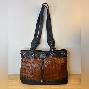 Vintage American West Brown and Black Tooled and Woven Leather Shoulder Bag